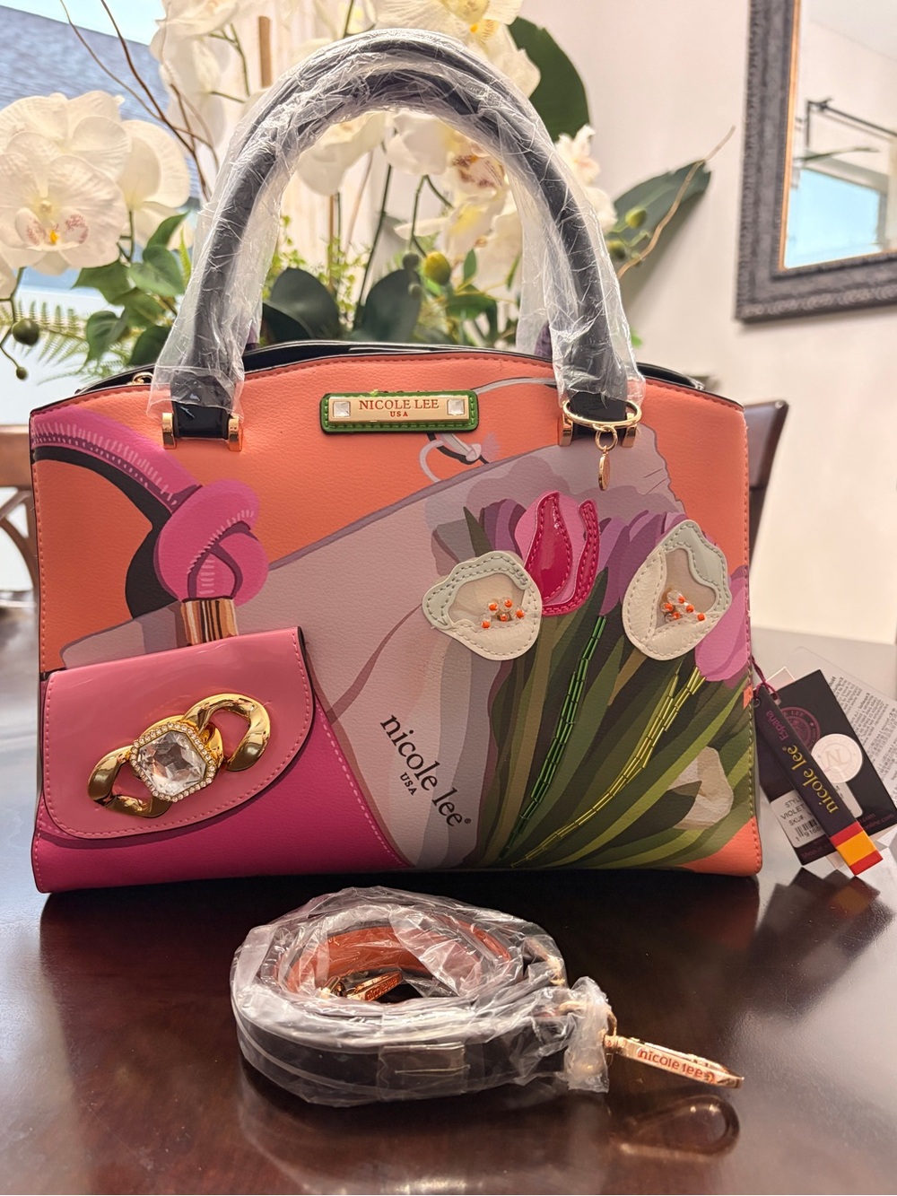 Nicole Lee Pink & Coral Beaded 3D Floral Satchel Handbag + Shoulder Strap- NWT - Picture 3 of 17